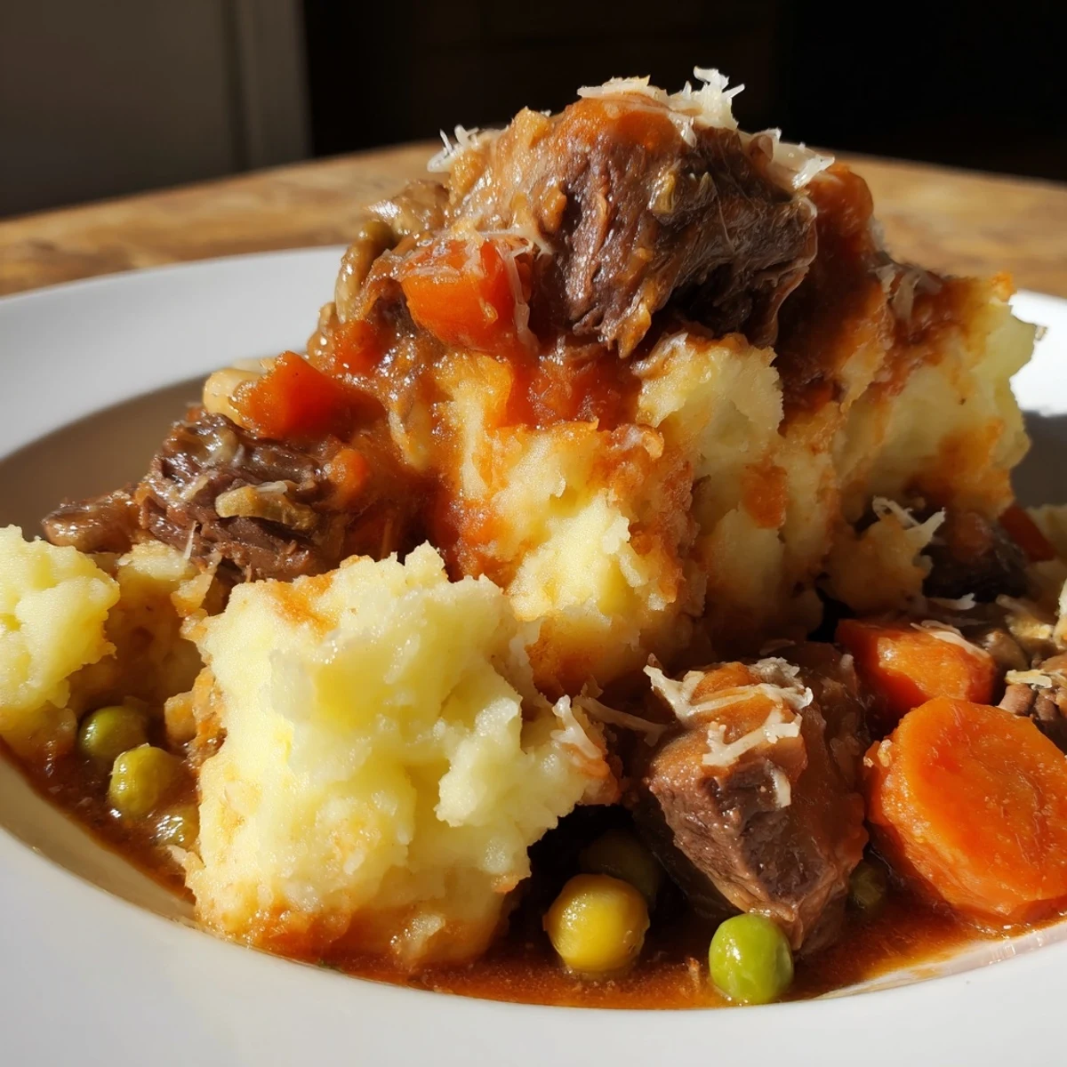 Rustic Shepherd’s Pie with braised lamb, carrots, and peas, finished with a ridged, golden potato crust on a ceramic dish.  