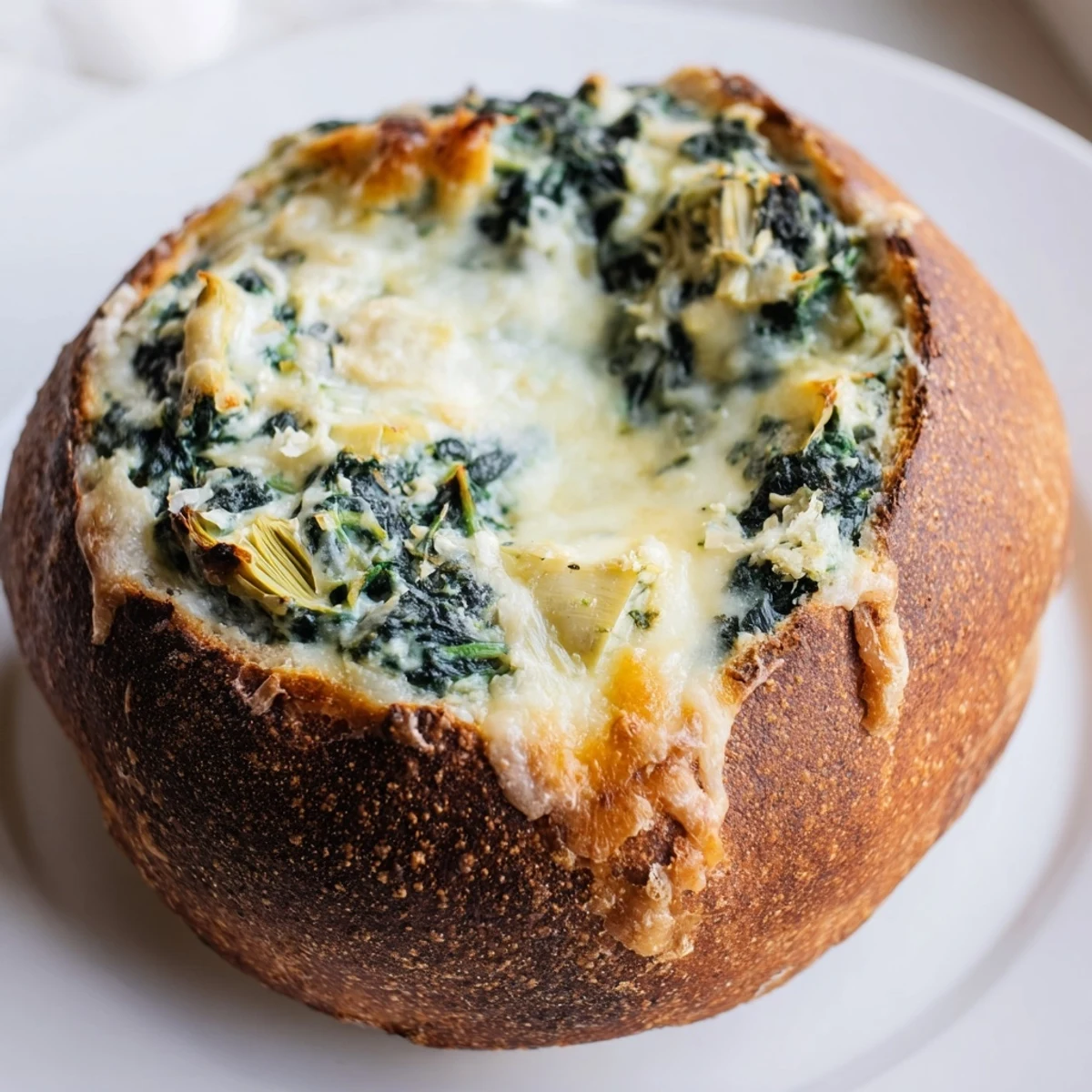 A rustic bread bowl holds Creamy Spinach and Artichoke Dip, loaded with spinach, artichoke hearts, and melty cheese.  