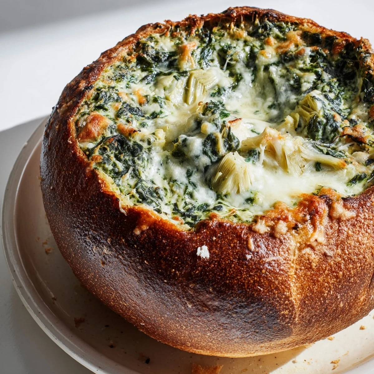 Freshly baked Creamy Spinach and Artichoke Dip steams inside a hollowed sourdough bread bowl, golden and bubbly.  