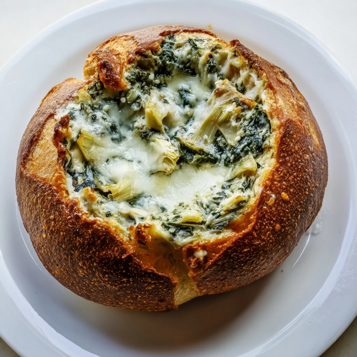 Golden Creamy Spinach and Artichoke Dip in a sourdough bread bowl, served with toasted bread pieces for dipping.