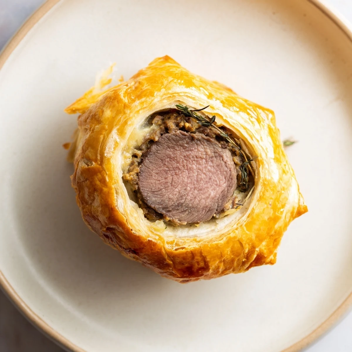 A close-up of Mini Beef Wellingtons with Mushroom Duxelles, showcasing tender beef wrapped in prosciutto and puff pastry.