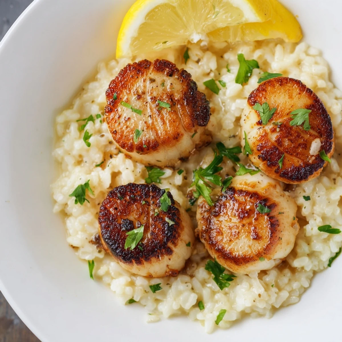 Golden-brown scallops resting on a bed of creamy, lemon-infused risotto, garnished with fresh chives and lemon wedges.