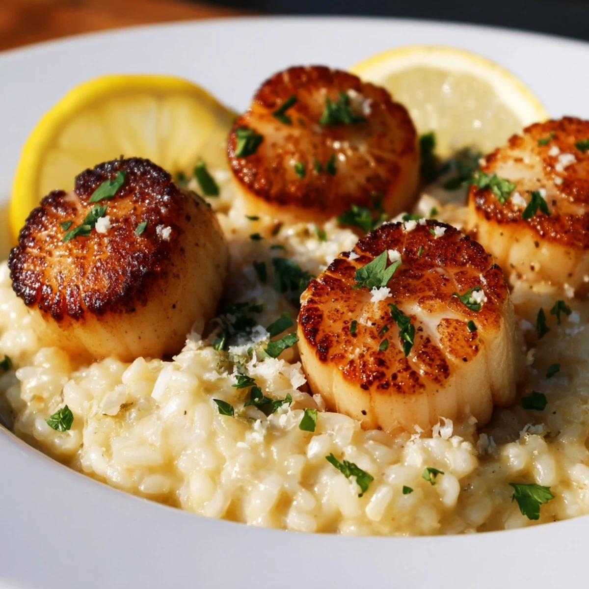 Pan Seared Scallops with Lemon Butter Risotto served in a white bowl, highlighting the tender seafood and rich texture.