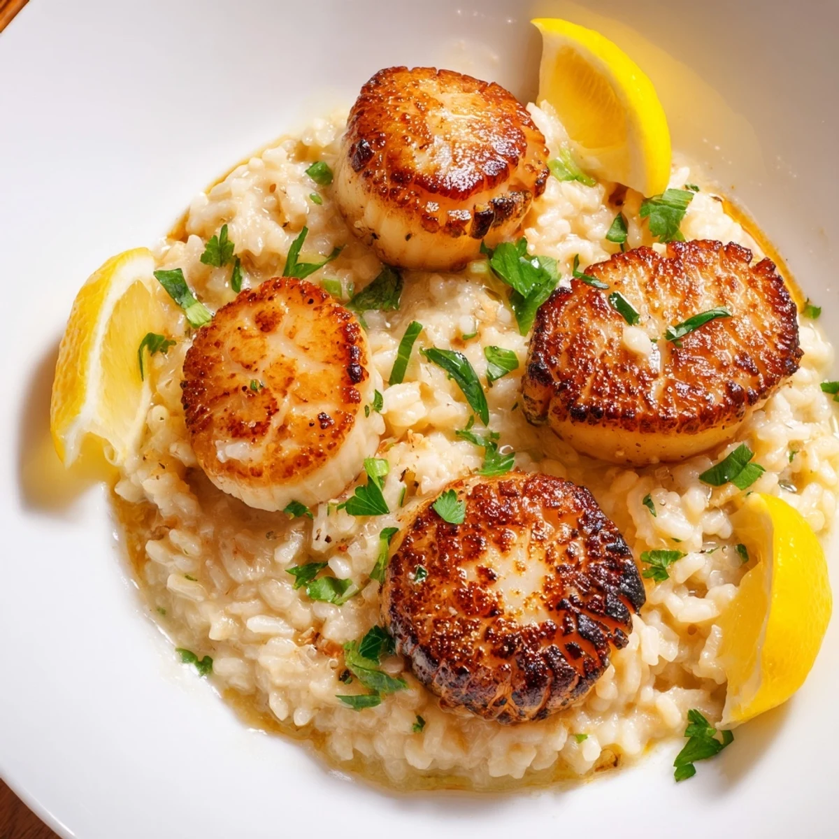 Close-up of Pan Seared Scallops with Lemon Butter Risotto, featuring a golden crust on the scallops and bright citrus zest.