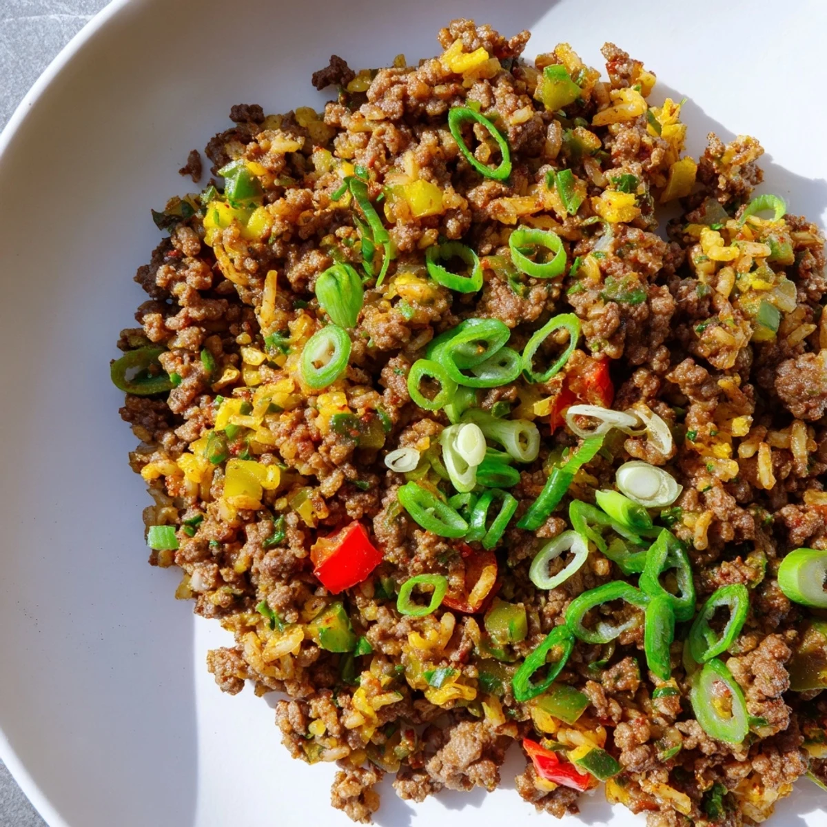 A hearty skillet serving of Cajun Dirty Rice with Ground Beef and Peppers, ready to enjoy.