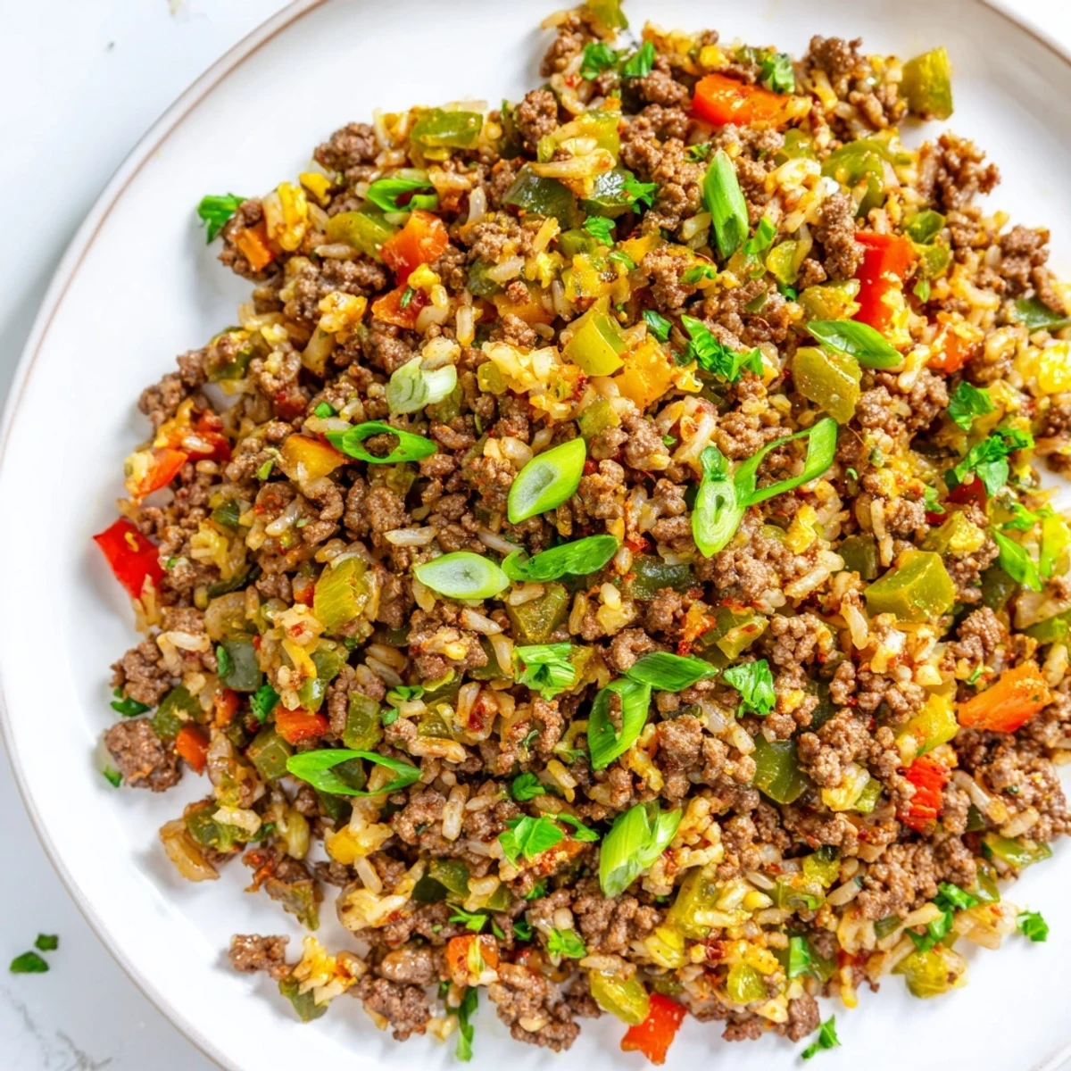 Close-up of Cajun Dirty Rice with Ground Beef and Peppers, showcasing vibrant red and green peppers.  