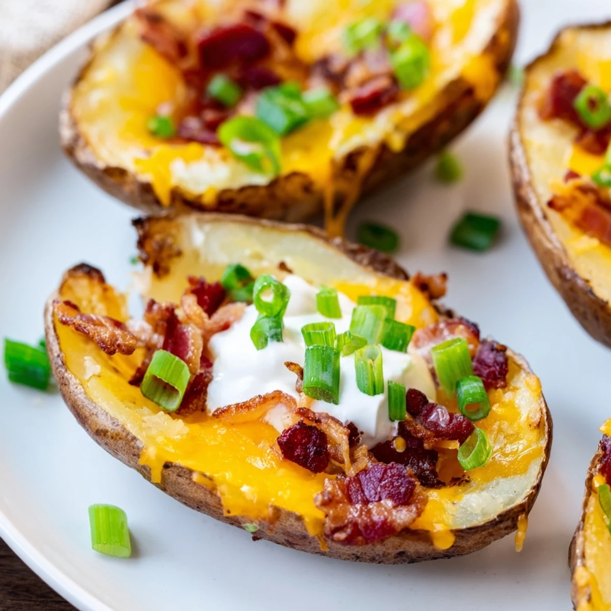 Crisp Loaded Potato Skins with Cheddar and Beef Bacon served hot, garnished with green onions on a platter.