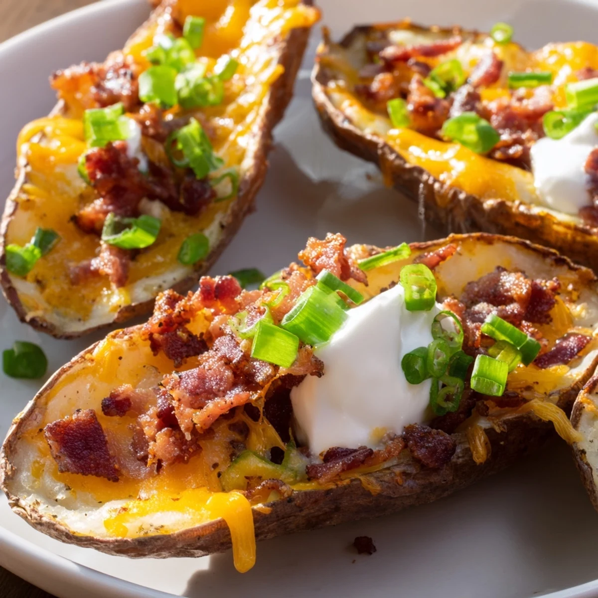 Golden Loaded Potato Skins with Cheddar and Beef Bacon, topped with creamy sour cream and fresh chives.