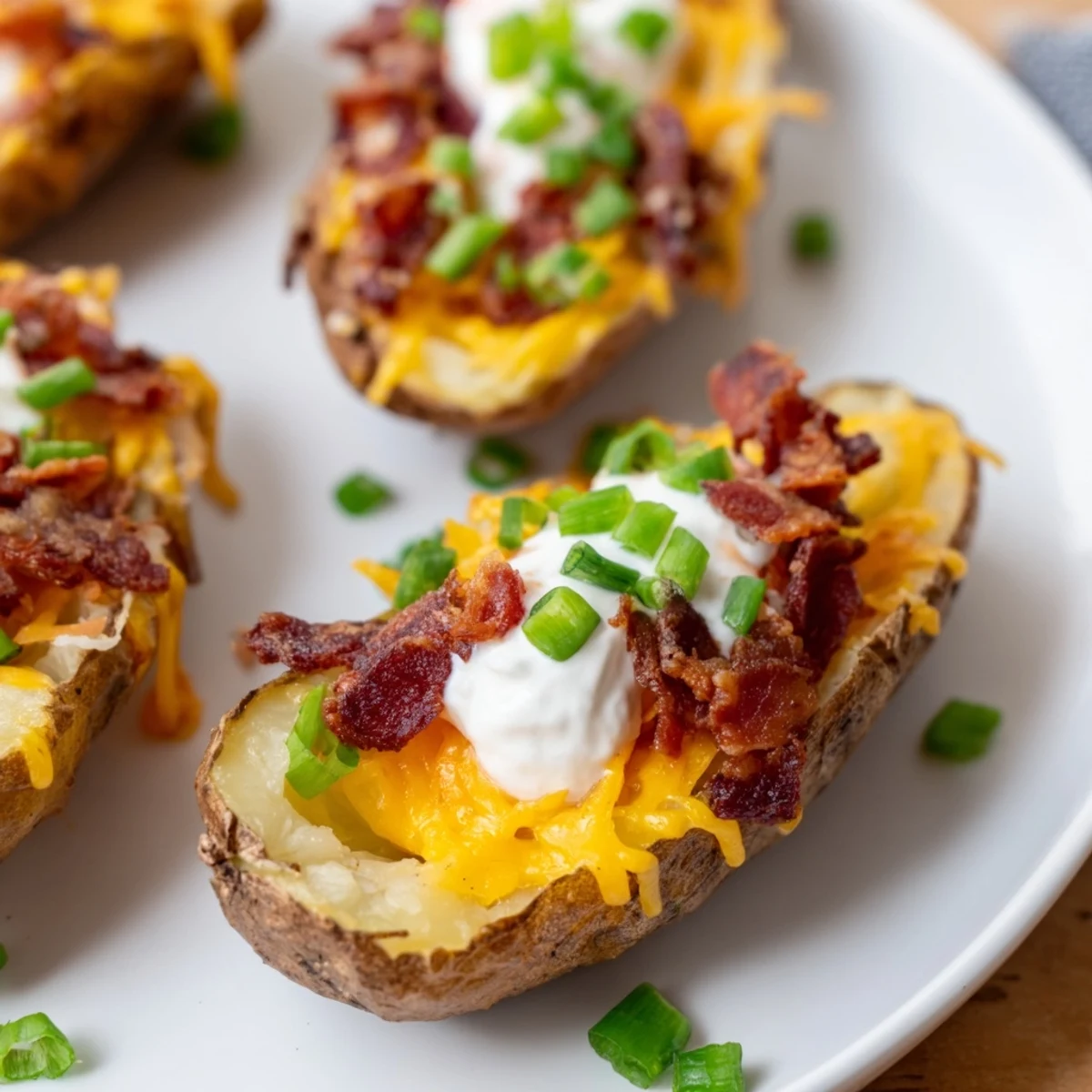 Freshly baked Loaded Potato Skins with Cheddar and Beef Bacon, melted cheese and bacon bits spilling over edges.
