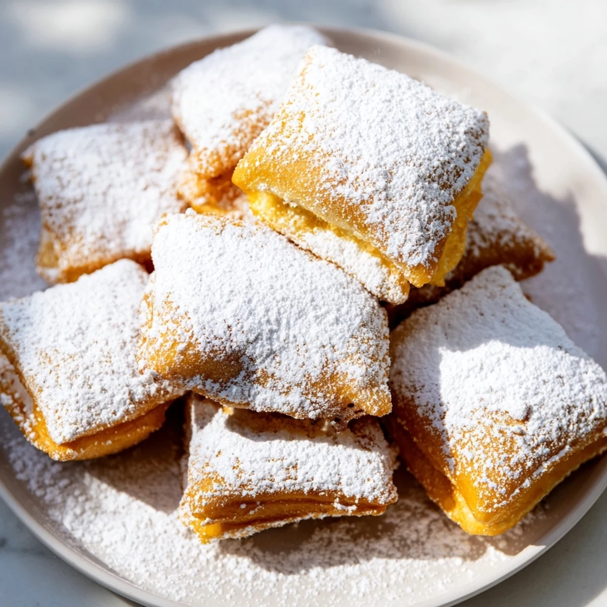 Golden, pillowy New Orleans Style Beignets stacked high and generously dusted with sweet powdered sugar.