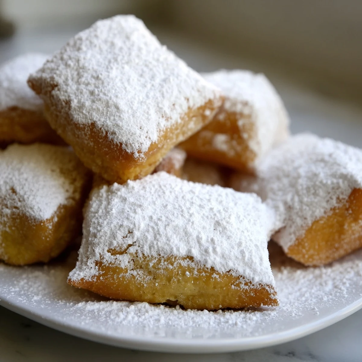 Square-shaped New Orleans Style Beignets featuring a light, airy interior and crispy, golden-brown edges dusted with sugar.
