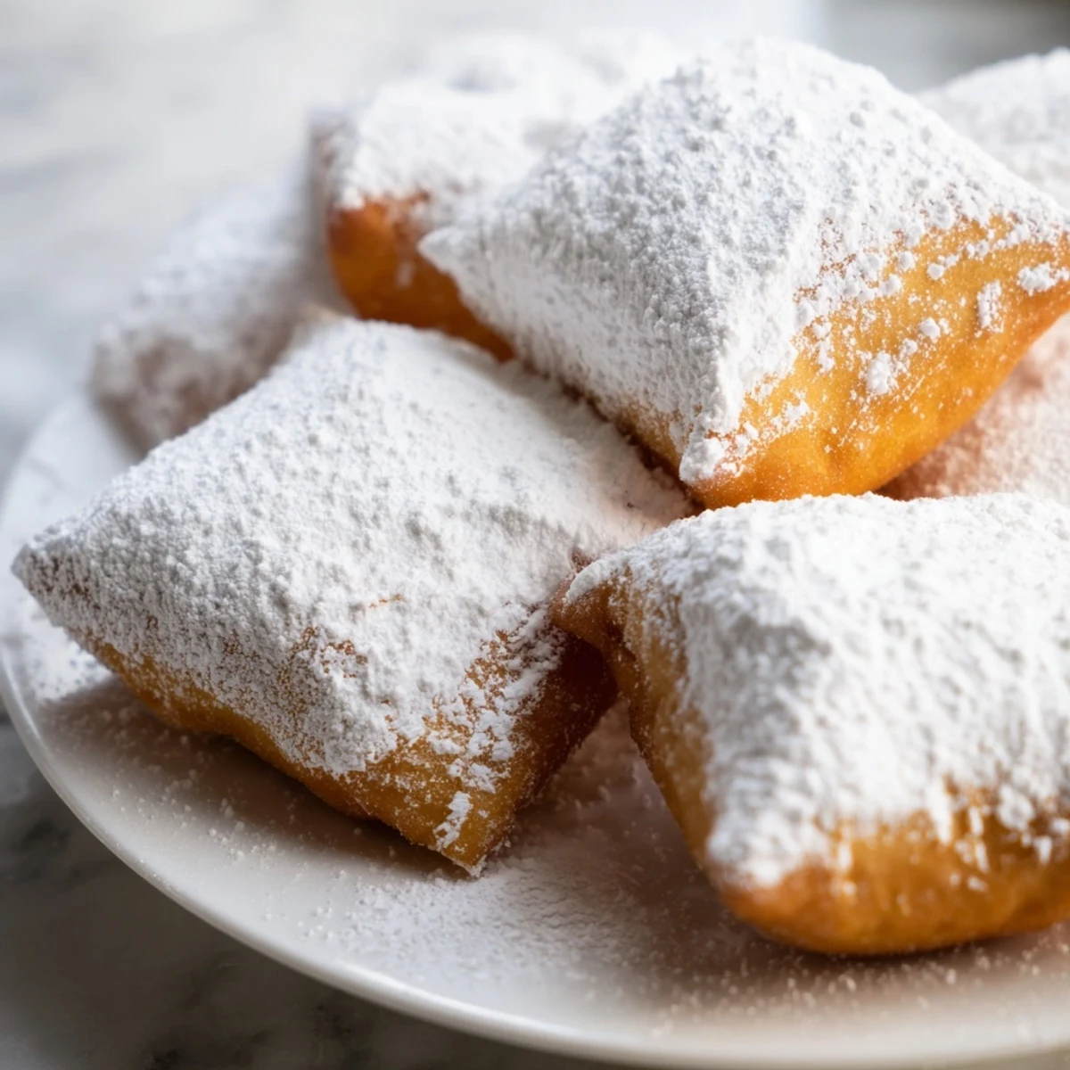 Warm, freshly fried New Orleans Style Beignets with powdered sugar, perfect alongside a steaming cup of coffee.