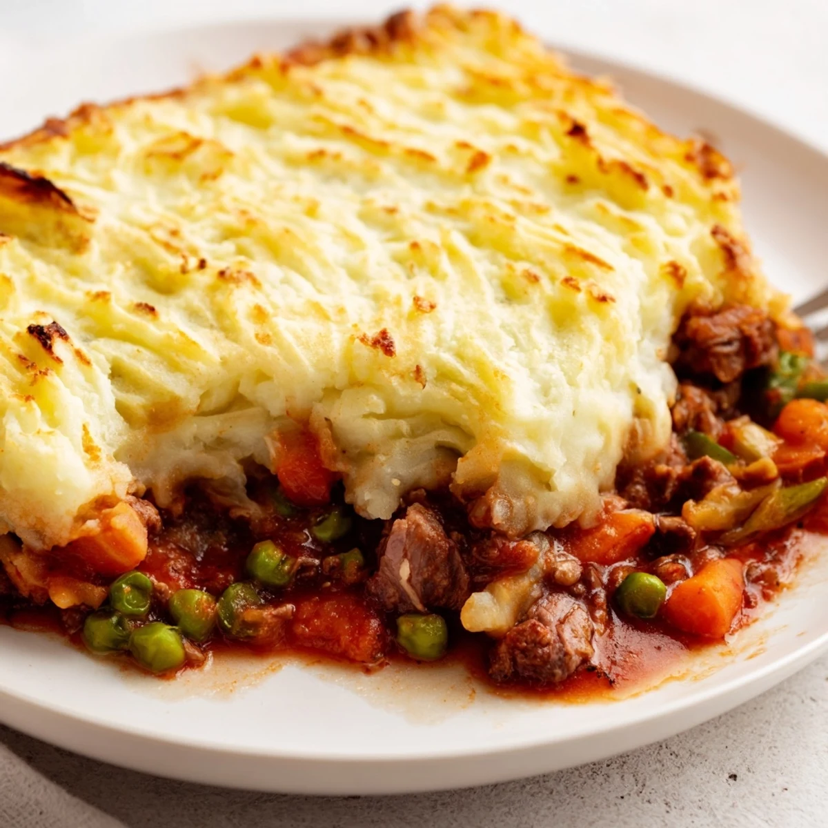 Golden-brown Shepherd's Pie with Braised Lamb and Vegetables bubbling from the oven, featuring creamy mashed potato peaks.
