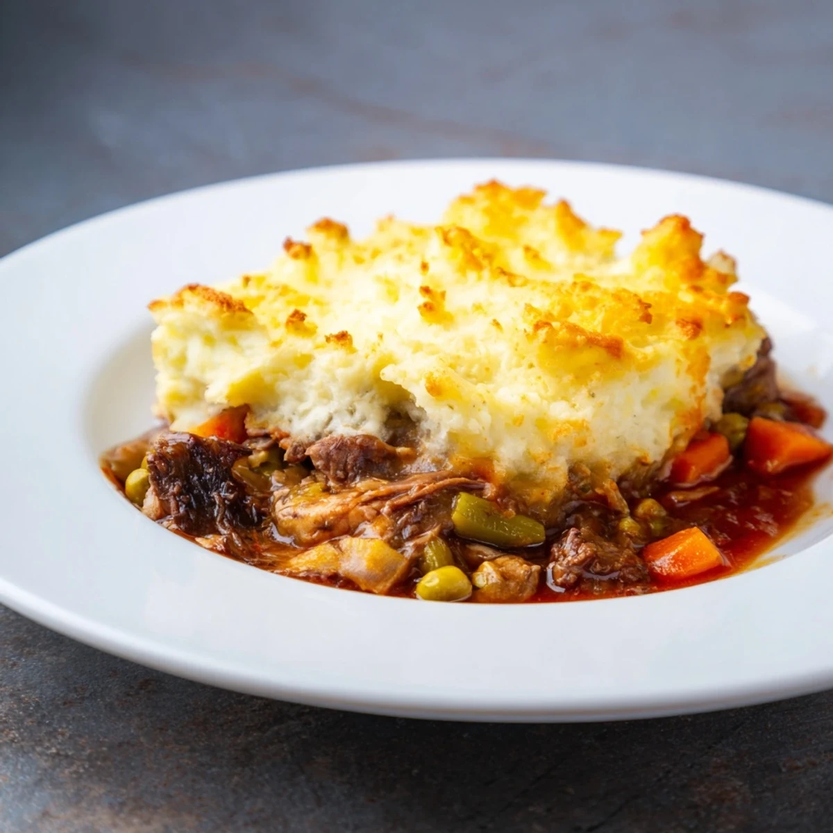A hearty serving of Shepherd's Pie with Braised Lamb and Vegetables, revealing rich gravy with peas and parsnips.