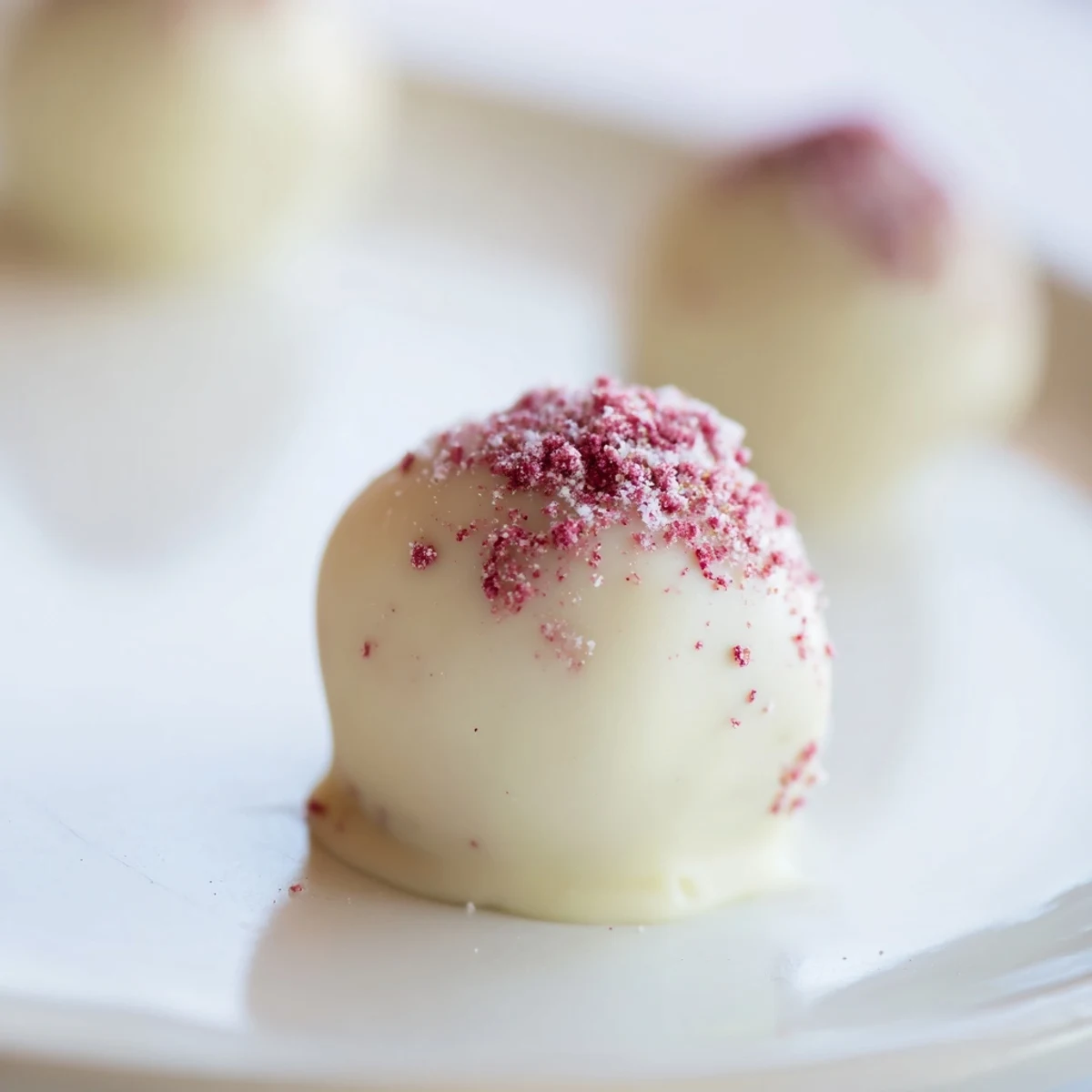 White Chocolate Raspberry Truffles on a plate, dusted with powdered sugar and ready to serve as a luxurious treat.