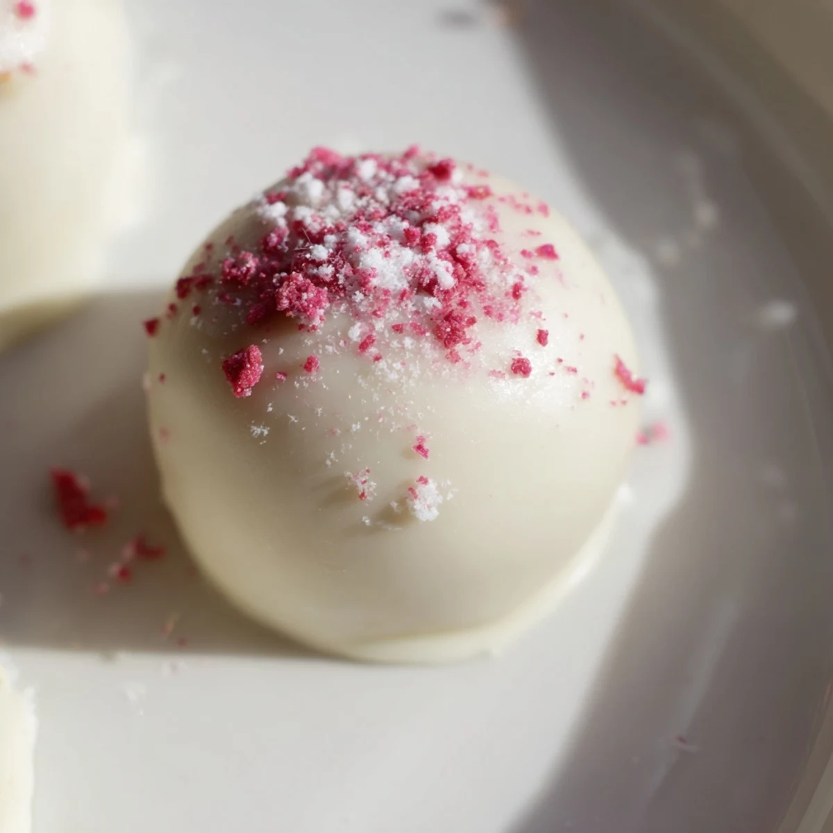 Close-up of White Chocolate Raspberry Truffles coated in smooth white chocolate and topped with vibrant raspberry powder.