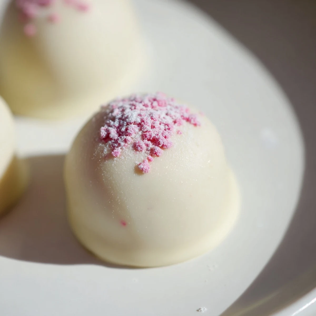 Homemade White Chocolate Raspberry Truffles arranged on parchment, perfect for gifting or pairing with black tea.