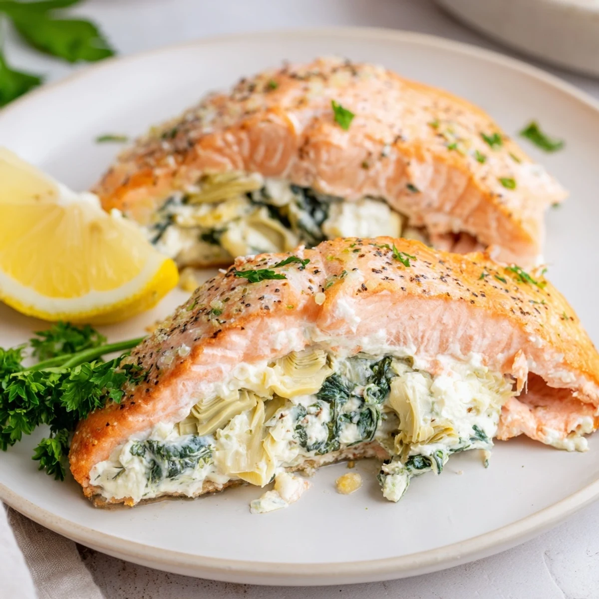 Golden baked salmon fillets reveal a creamy spinach and artichoke stuffing, served with lemon wedges and fresh parsley.  
