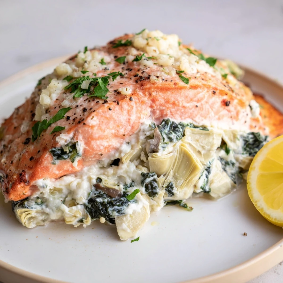 A close-up shows tender salmon stuffed with vibrant spinach and artichoke filling, ready for a low-carb dinner.  