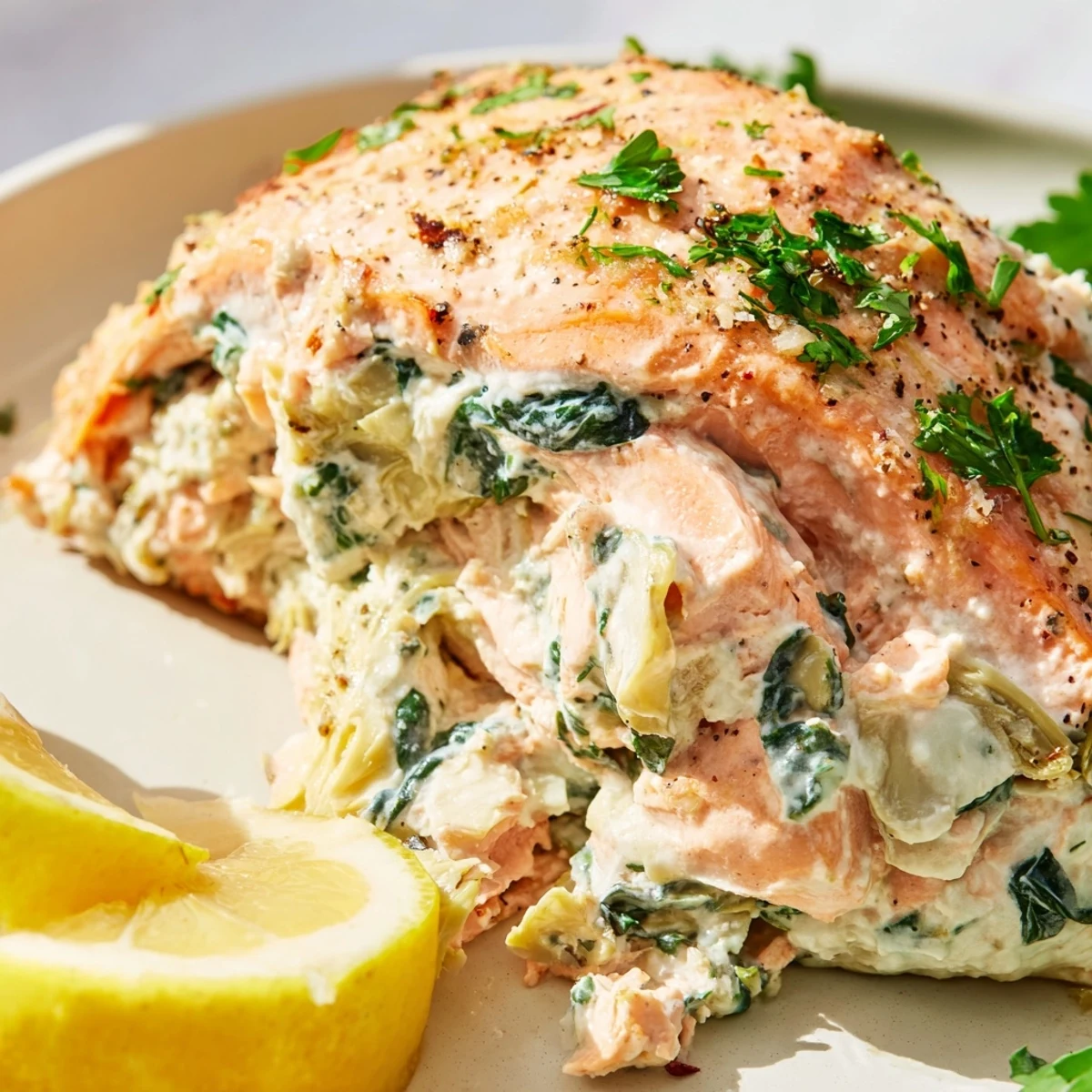Baked to perfection, these stuffed salmon fillets feature a luscious cream cheese blend, ideal for an elegant main course.