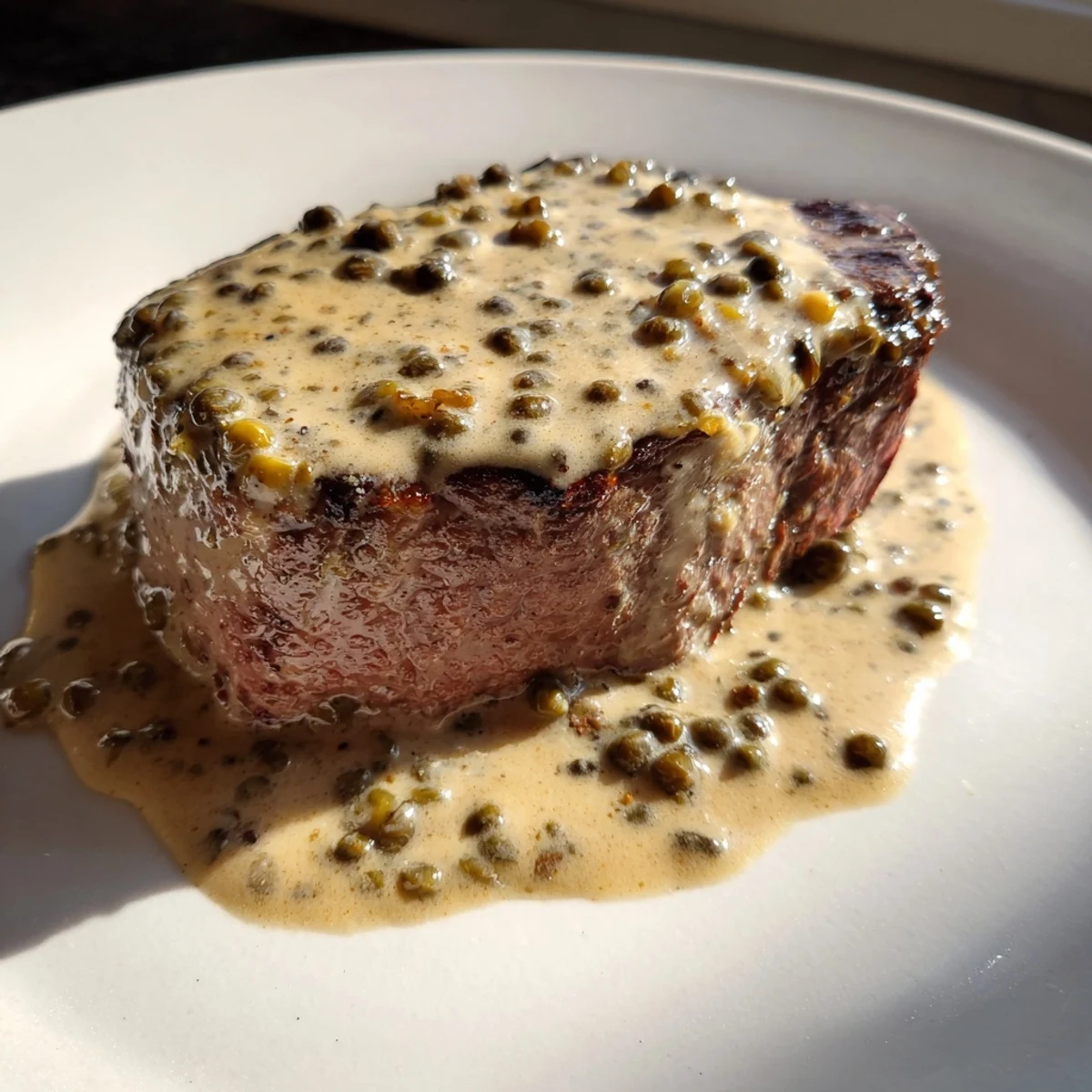 Perfectly seared beef tenderloin steaks resting, topped with creamy green peppercorn sauce and fresh herbs.