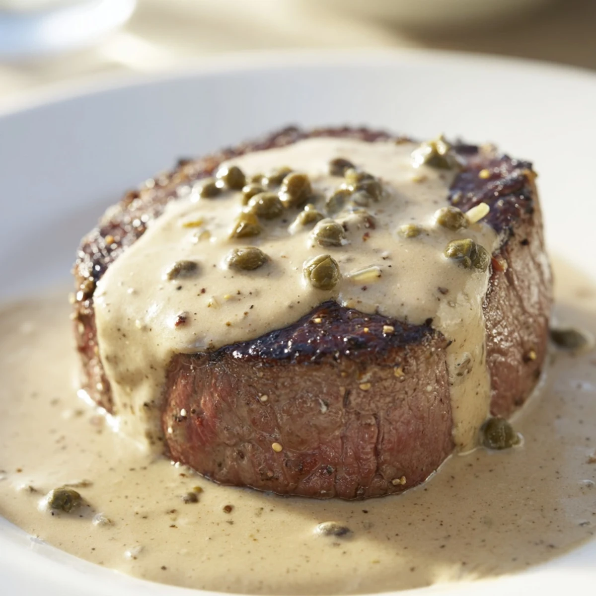 Restaurant-style French beef tenderloin with peppercorn cream sauce, garnished with extra peppercorns for flavor.