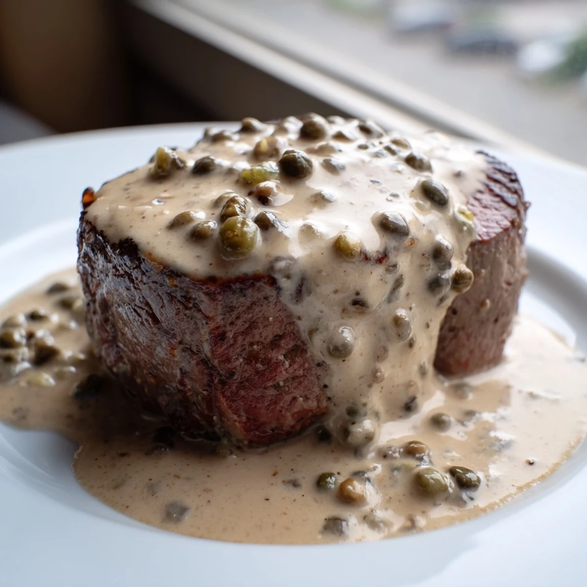 Sizzling beef tenderloin with rich peppercorn cream sauce, served with roasted potatoes and green beans.