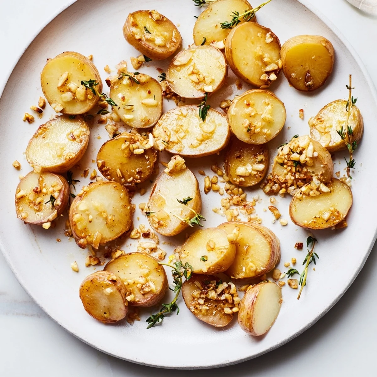 Roasted radishes with garlic and thyme served warm alongside grilled chicken, showcasing tender, caramelized edges on a dark tablecloth.