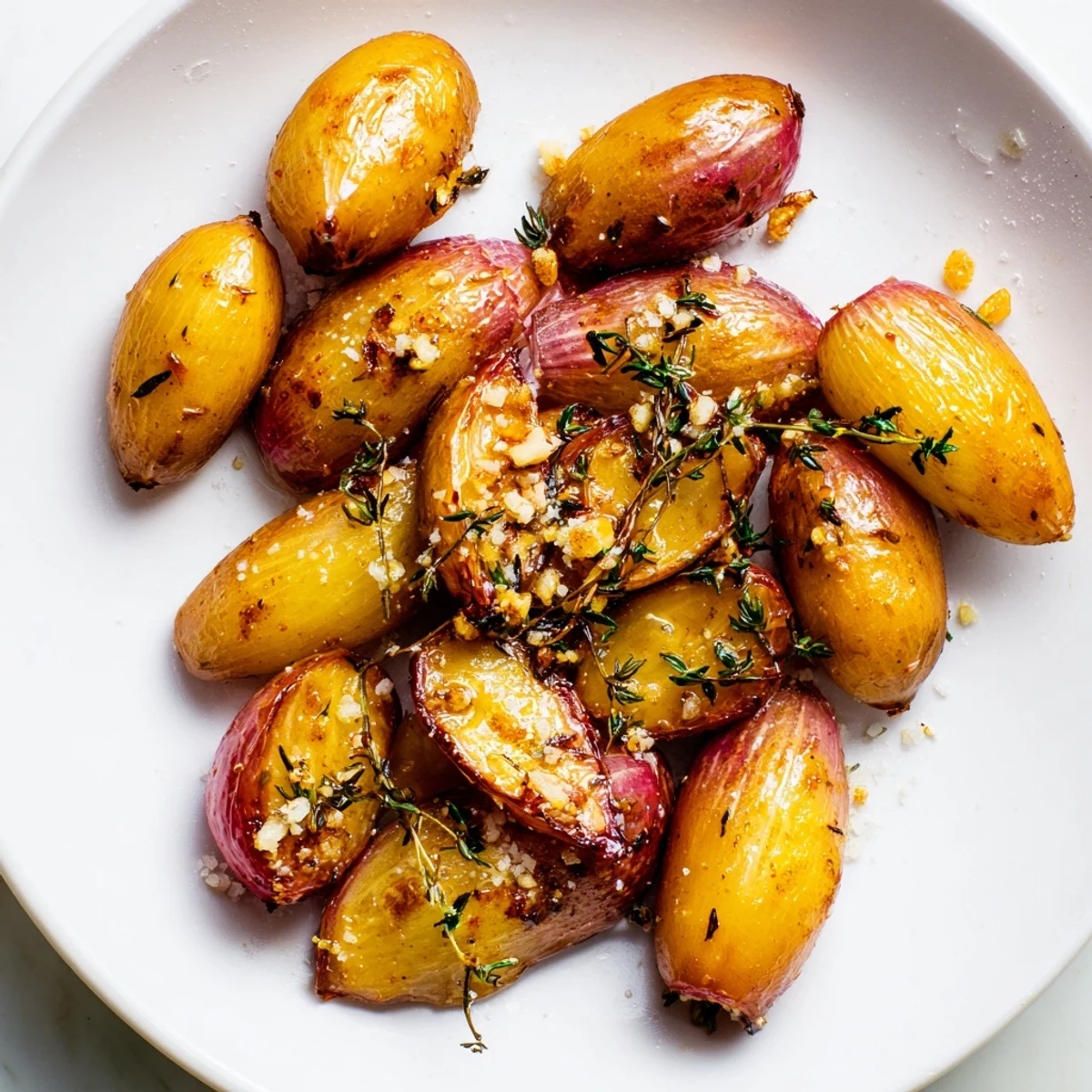Golden roasted radishes with garlic and fresh thyme on a white plate, garnished with extra herbs for a rustic side dish.