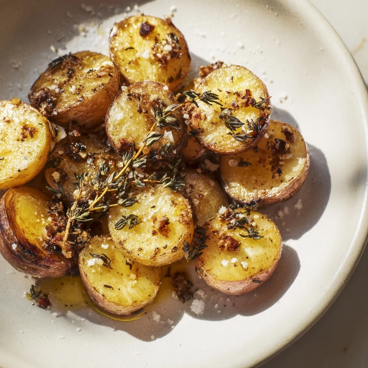 Fresh radishes roasted with garlic and thyme in a baking dish, ready to serve as a healthy low-carb vegetarian side.
