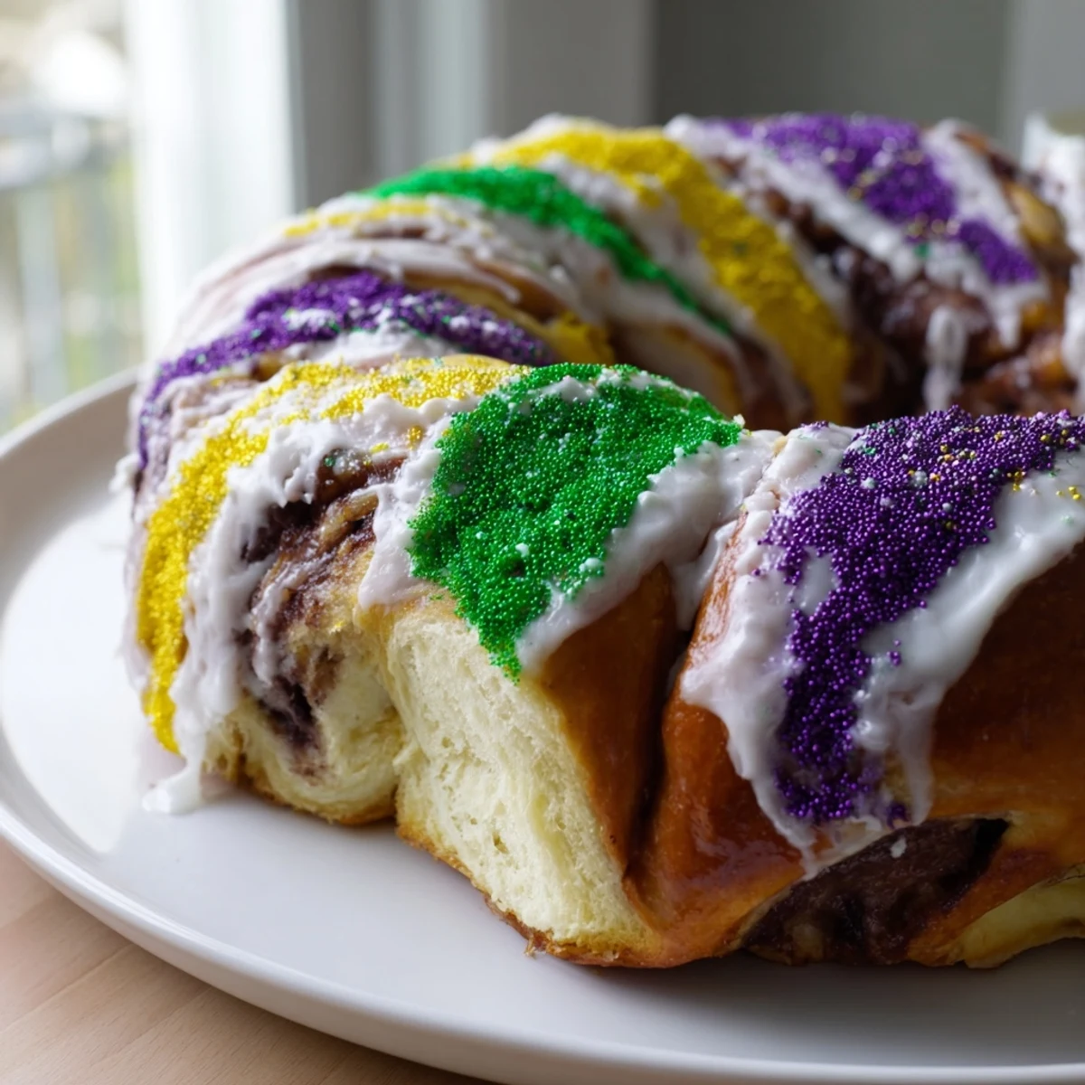 Freshly baked Mardi Gras King Cake with cinnamon filling, decorated with purple, green, and gold sugars on a wooden serving board.  