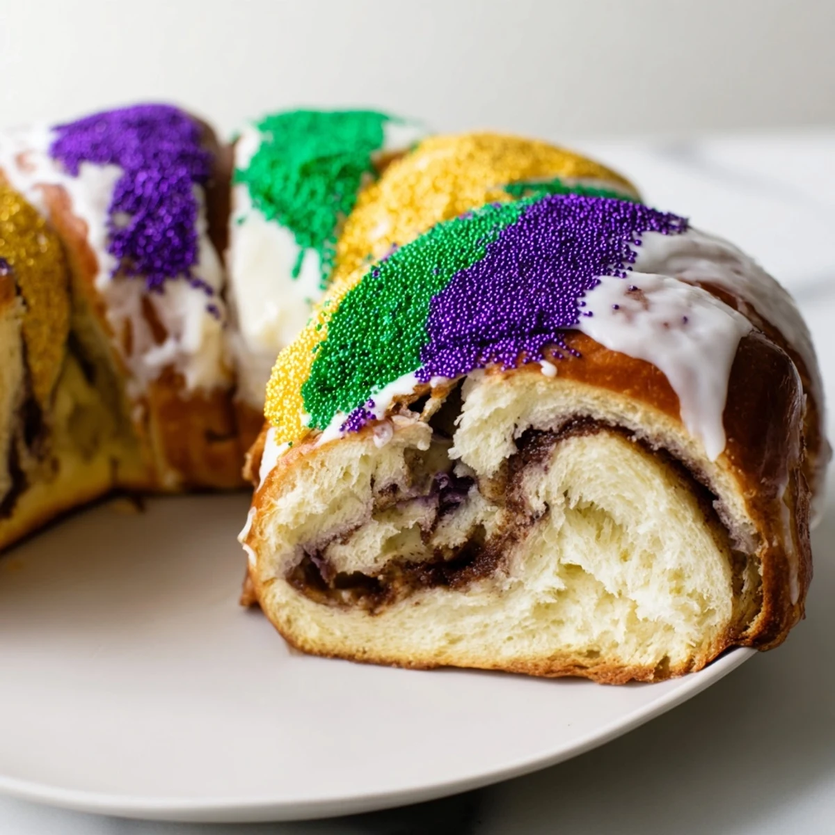 A close-up of a Mardi Gras King Cake slice showing the cinnamon swirl filling and drizzle of sweet vanilla icing.  