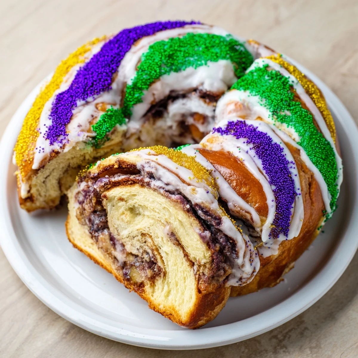 Festive Mardi Gras King Cake with colorful sugar toppings, ready to serve with coffee for a New Orleans celebration.