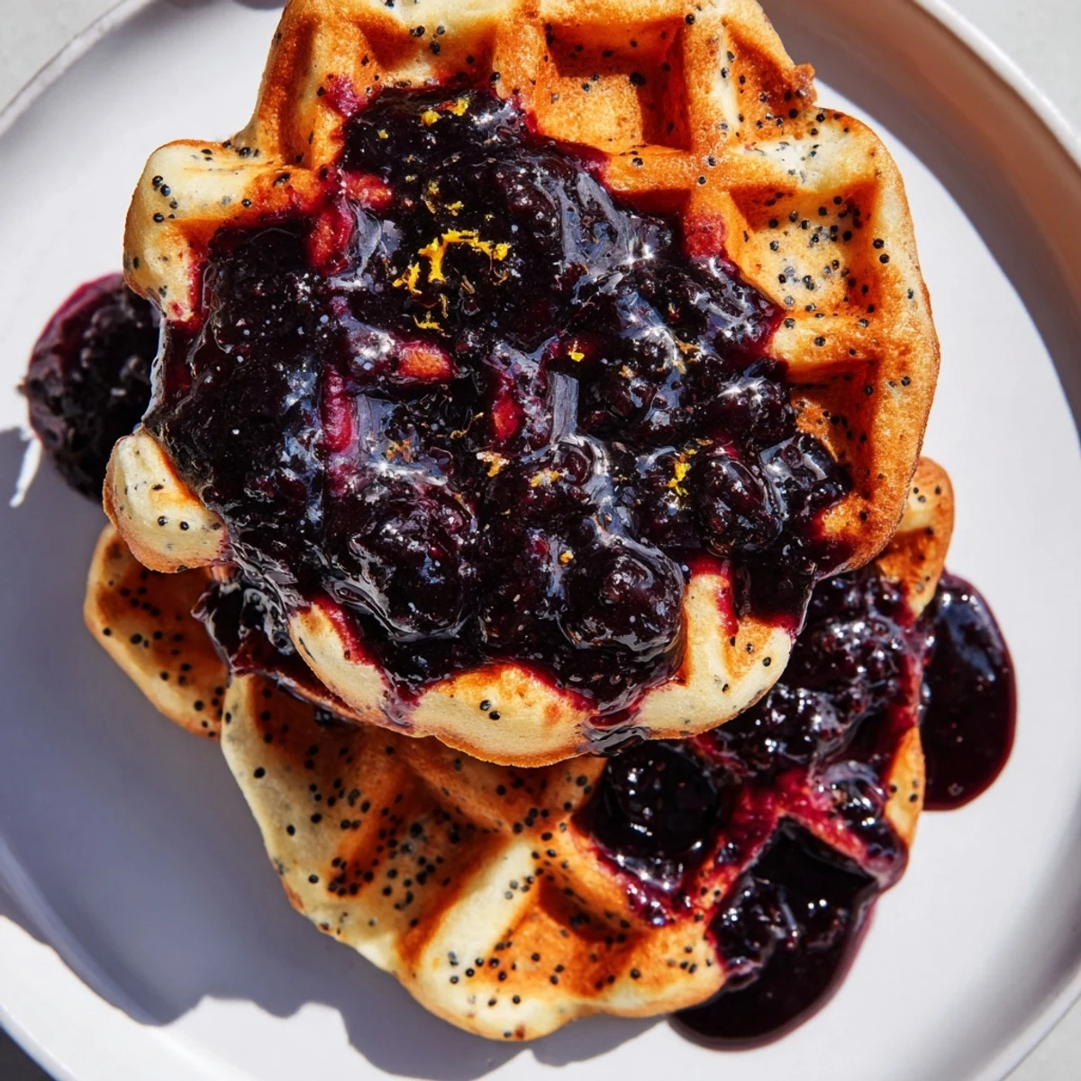 Crispy golden Lemon Poppy Seed Waffles with blueberry syrup drizzled over the top.