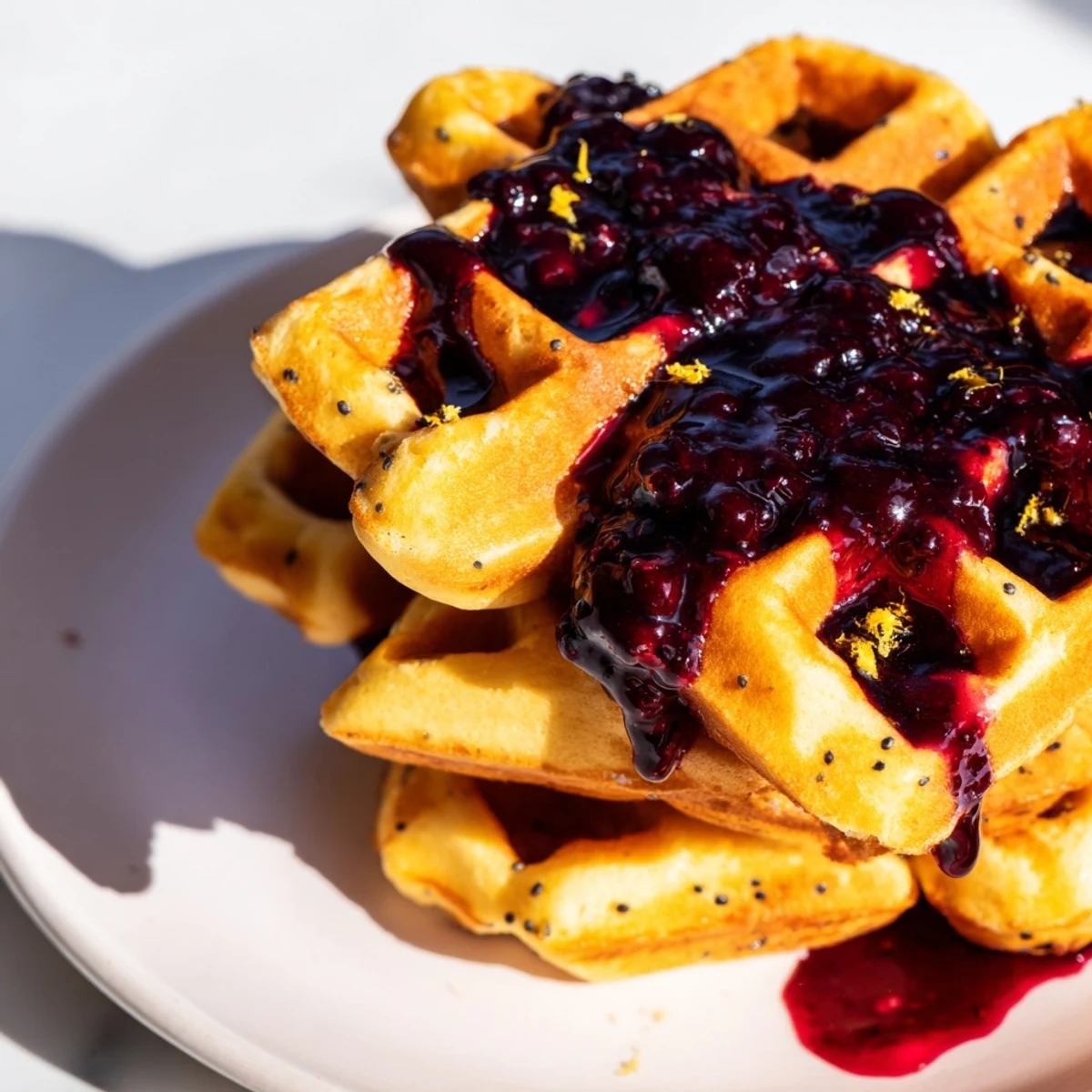 Lemon Poppy Seed Waffles with Blueberry Syrup on a white plate, vibrant purple drizzle.