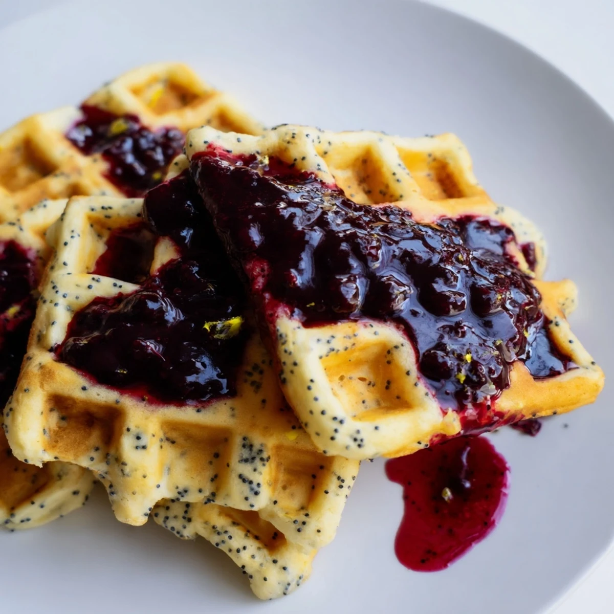 Warm Lemon Poppy Seed Waffles topped with simmered blueberry syrup for a bright breakfast.