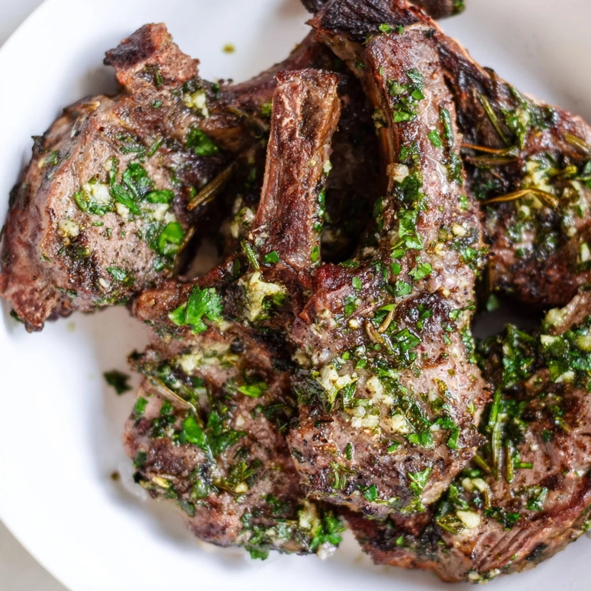 Air Fryer Lamb Chops with Garlic Butter sizzling in an air fryer basket, seasoned with rosemary and thyme for a fragrant Mediterranean dinner.  