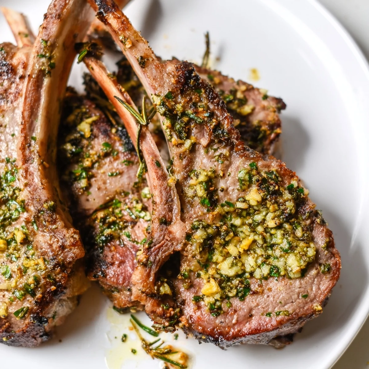 Tender Air Fryer Lamb Chops with Garlic Butter on a plate, garnished with fresh parsley and lemon wedges for a bright, zesty finish.  