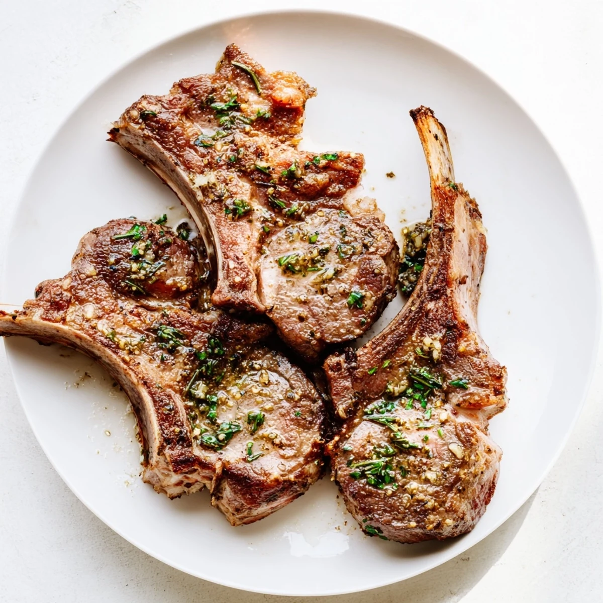 Golden-brown Air Fryer Lamb Chops with Garlic Butter drizzled with herby butter, served alongside roasted vegetables for a satisfying low-carb meal.