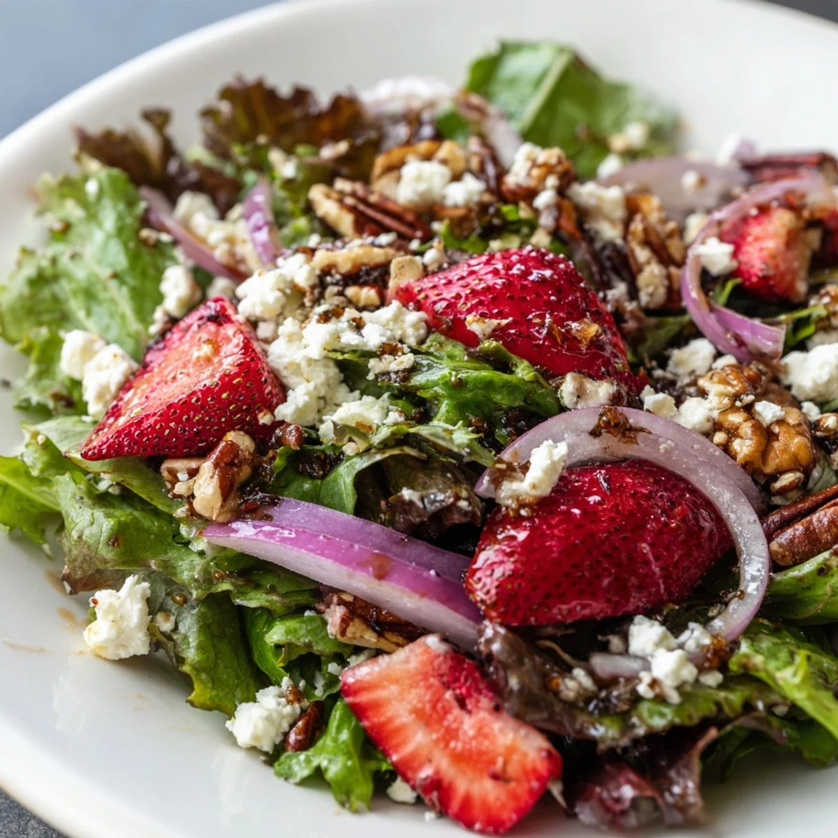 Vibrant spring mix salad topped with sliced strawberries, creamy feta, and crunchy pecans, drizzled with a sweet balsamic vinaigrette.