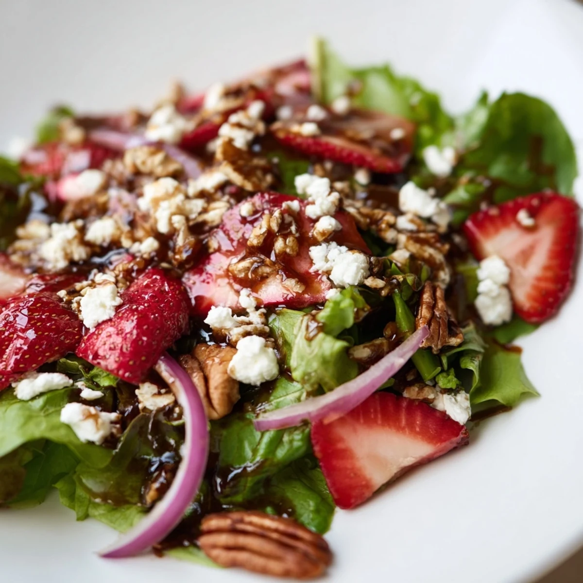 Fresh spring mix salad with juicy strawberries, crumbled feta, toasted pecans, and tangy balsamic vinaigrette served in a white bowl.