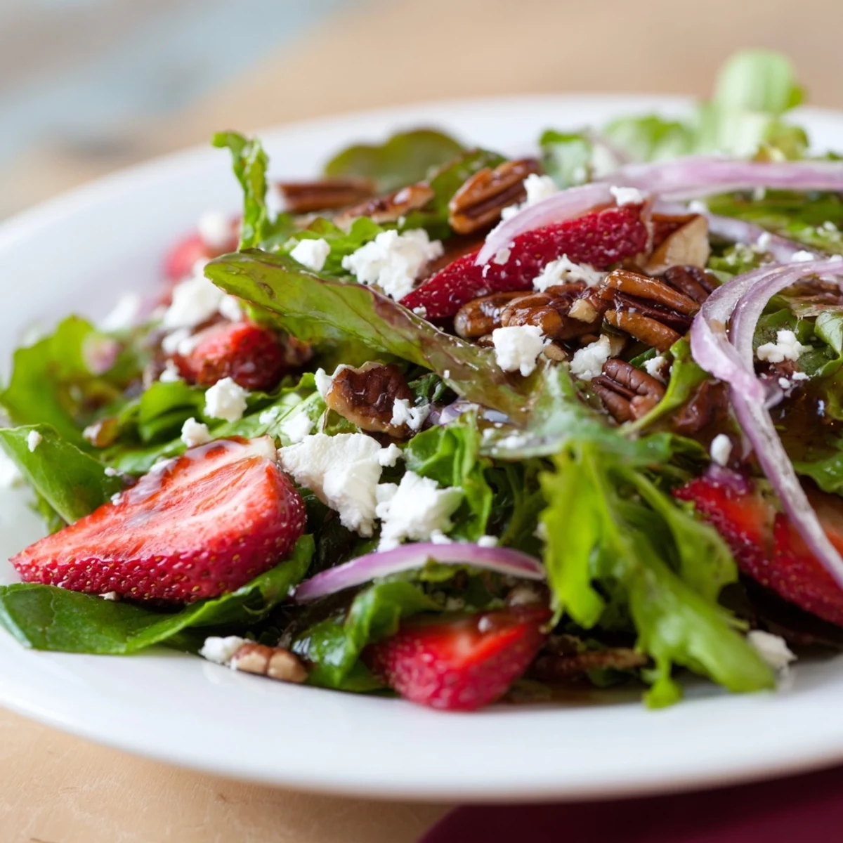 A colorful plate of spring mix salad with strawberries and feta, finished with a glossy balsamic glaze and fresh red onions.