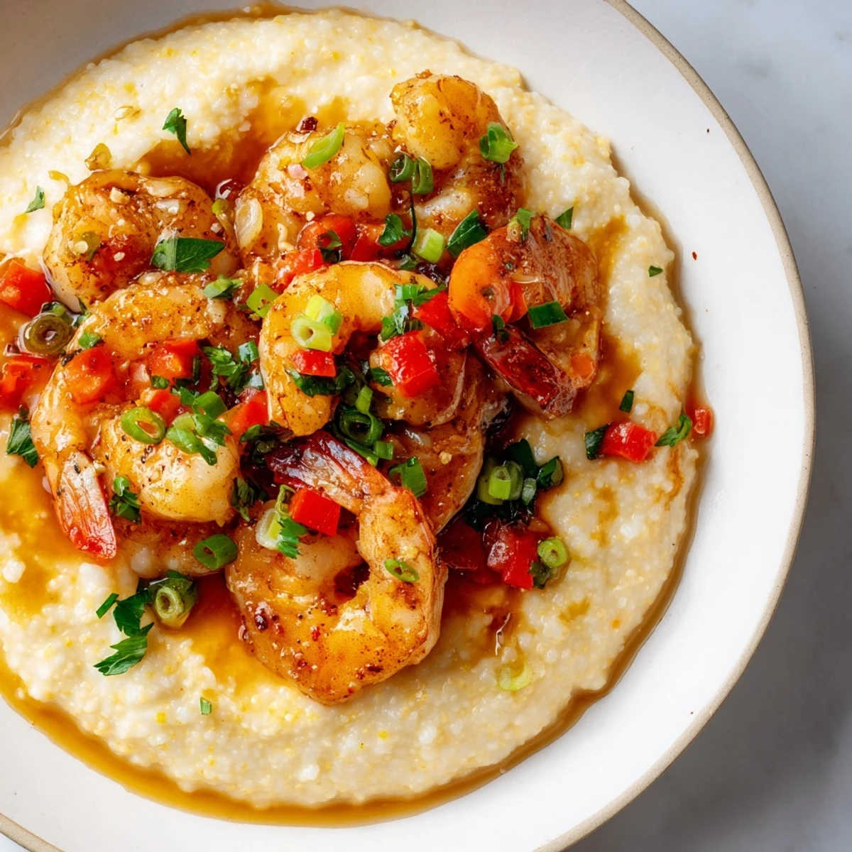 Close-up of Cajun shrimp and grits, showing golden cheese sauce and plump shrimp in a sizzling skillet, ready to serve.