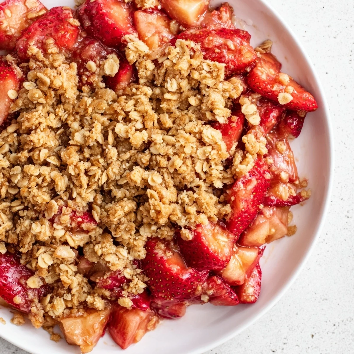 A close-up of warm Strawberry Rhubarb Crisp with juicy red fruit and a golden oat crumble, ready to serve.  