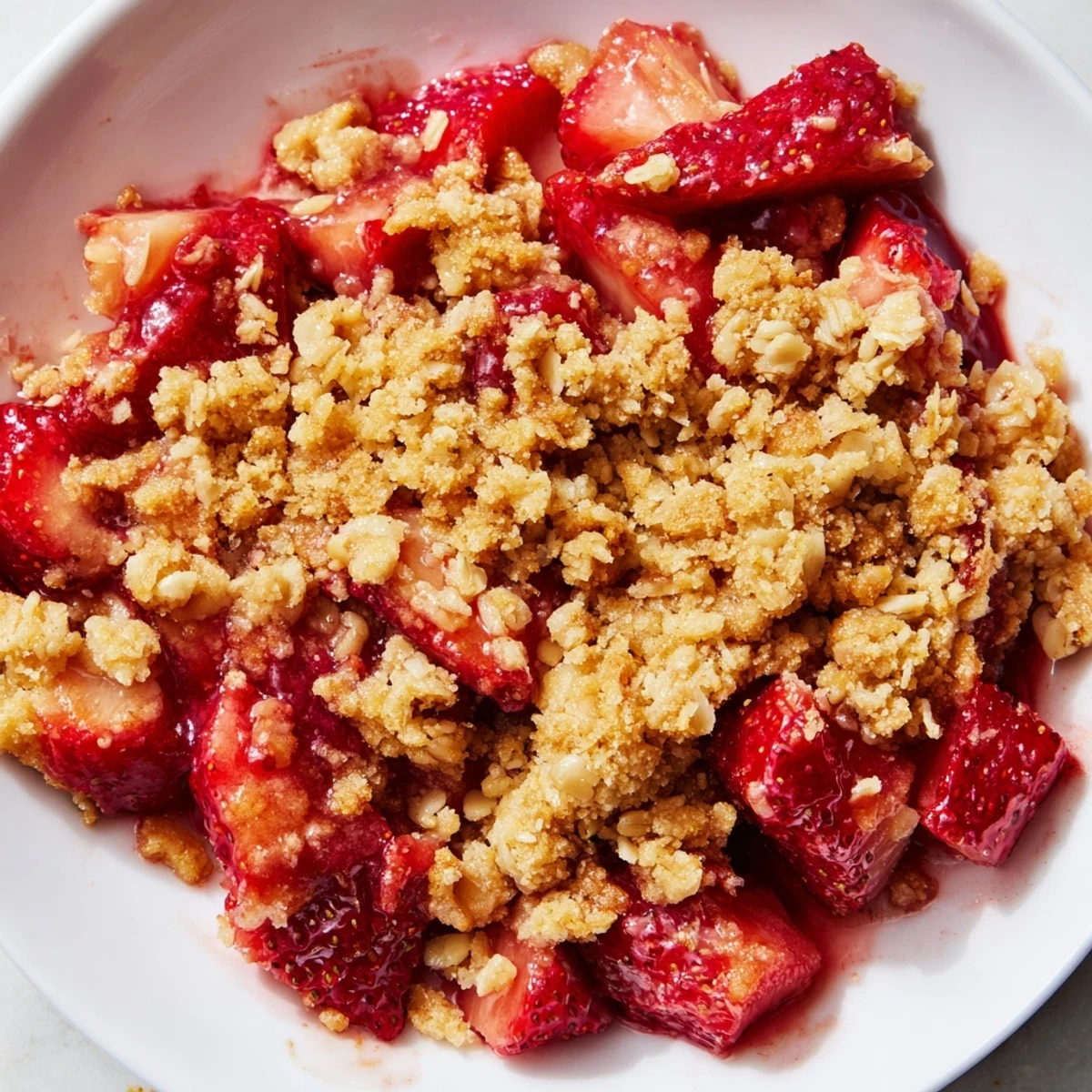 Homemade Strawberry Rhubarb Crisp served in a rustic dish, with a scoop of vanilla ice cream melting on top.