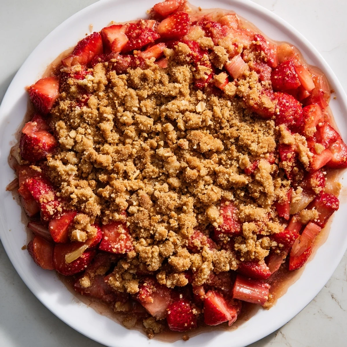 Golden-brown Strawberry Rhubarb Crisp in a baking dish, bubbling with sweet-tart fruit under a buttery oat topping.  