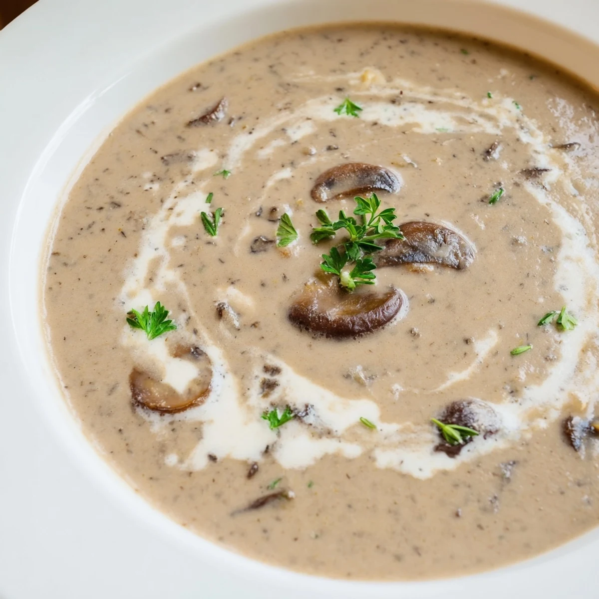 Creamy Mushroom Soup with Thyme in a rustic bowl garnished with fresh thyme and parsley.
