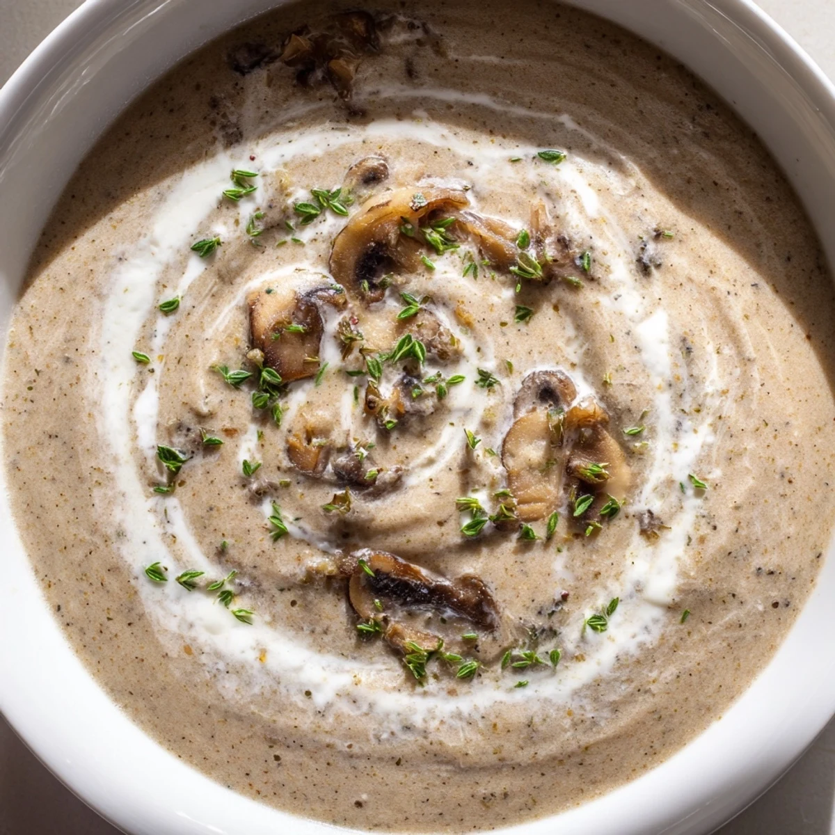 This Creamy Mushroom Soup with Thyme has a velvety texture and earthy aroma, served with crusty bread.