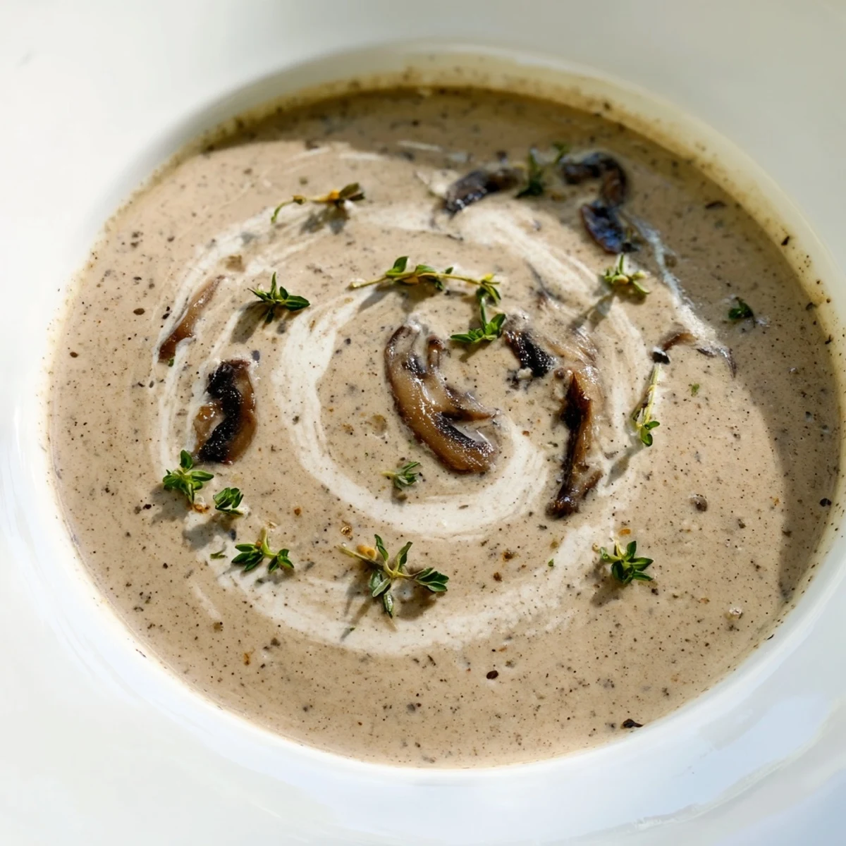 A warm Creamy Mushroom Soup with Thyme shows golden broth, diced mushrooms, and a drizzle of cream.