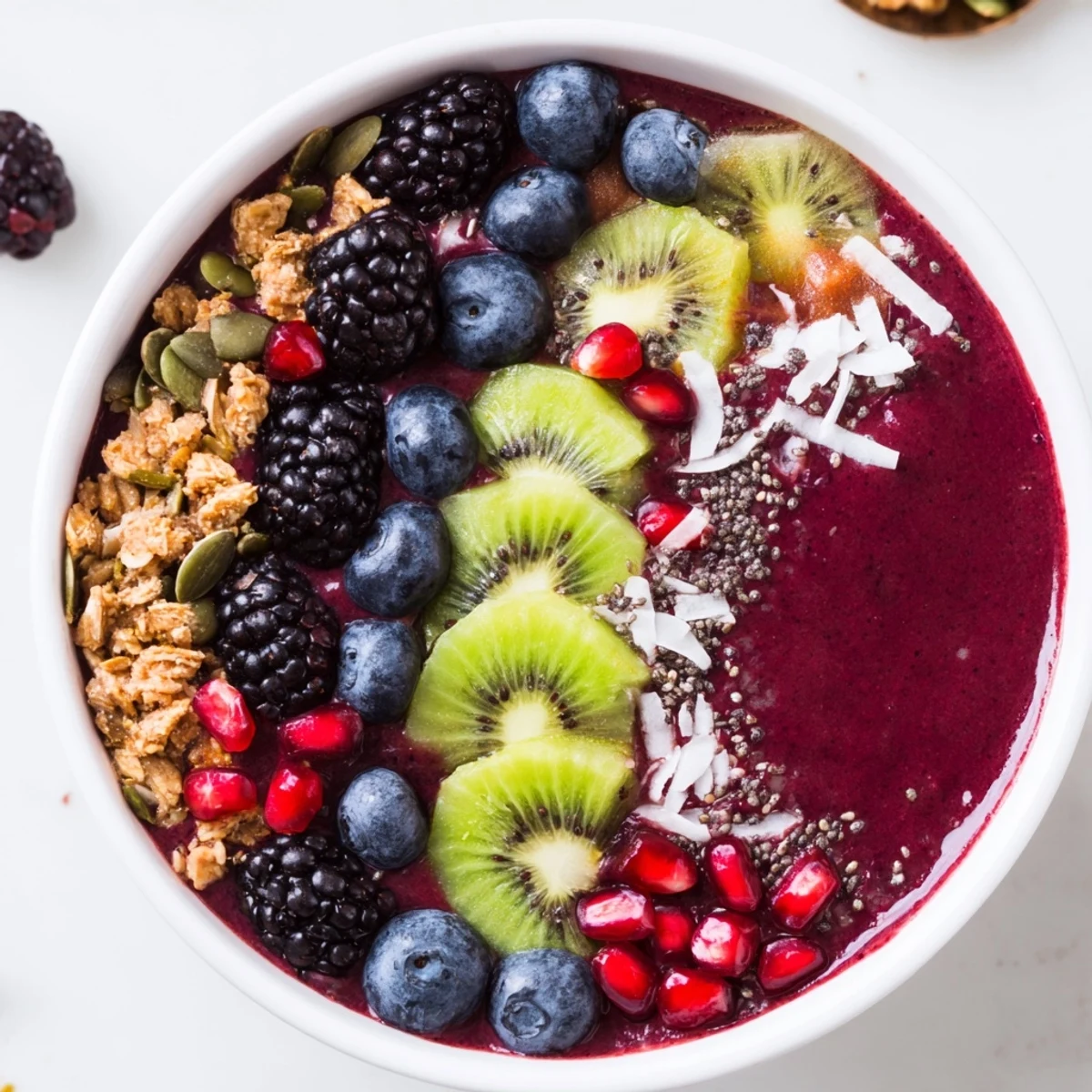 A vibrant Winter Berry Smoothie Bowl with Seeds topped with fresh berries, granola, and kiwi slices for a crunchy, healthy breakfast.